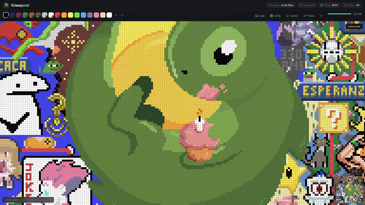 Toile Crocopixel : un crocodile vert tenant un cupcake, entouré de dessins